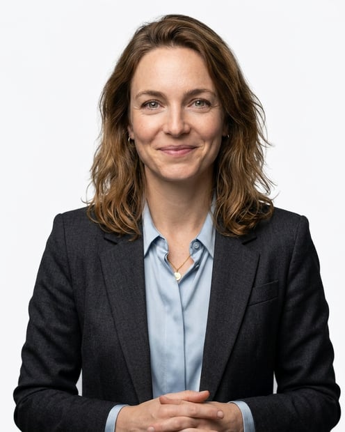 Clean White Studio · Charcoal Suit with Pale Blue Shirt headshot example