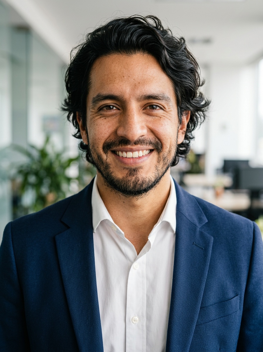 Professional AI LinkedIn headshot in White button-up shirt on Office / Modern Office Workspace