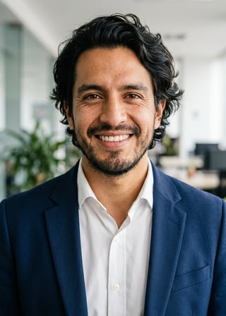 Professional AI LinkedIn headshot in White button-up shirt on Office / Modern Office Workspace