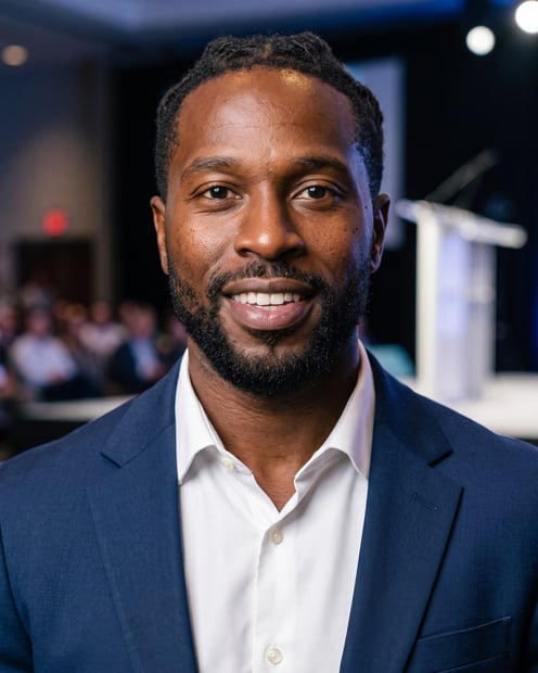 Speaking Stage · Navy Blazer headshot example