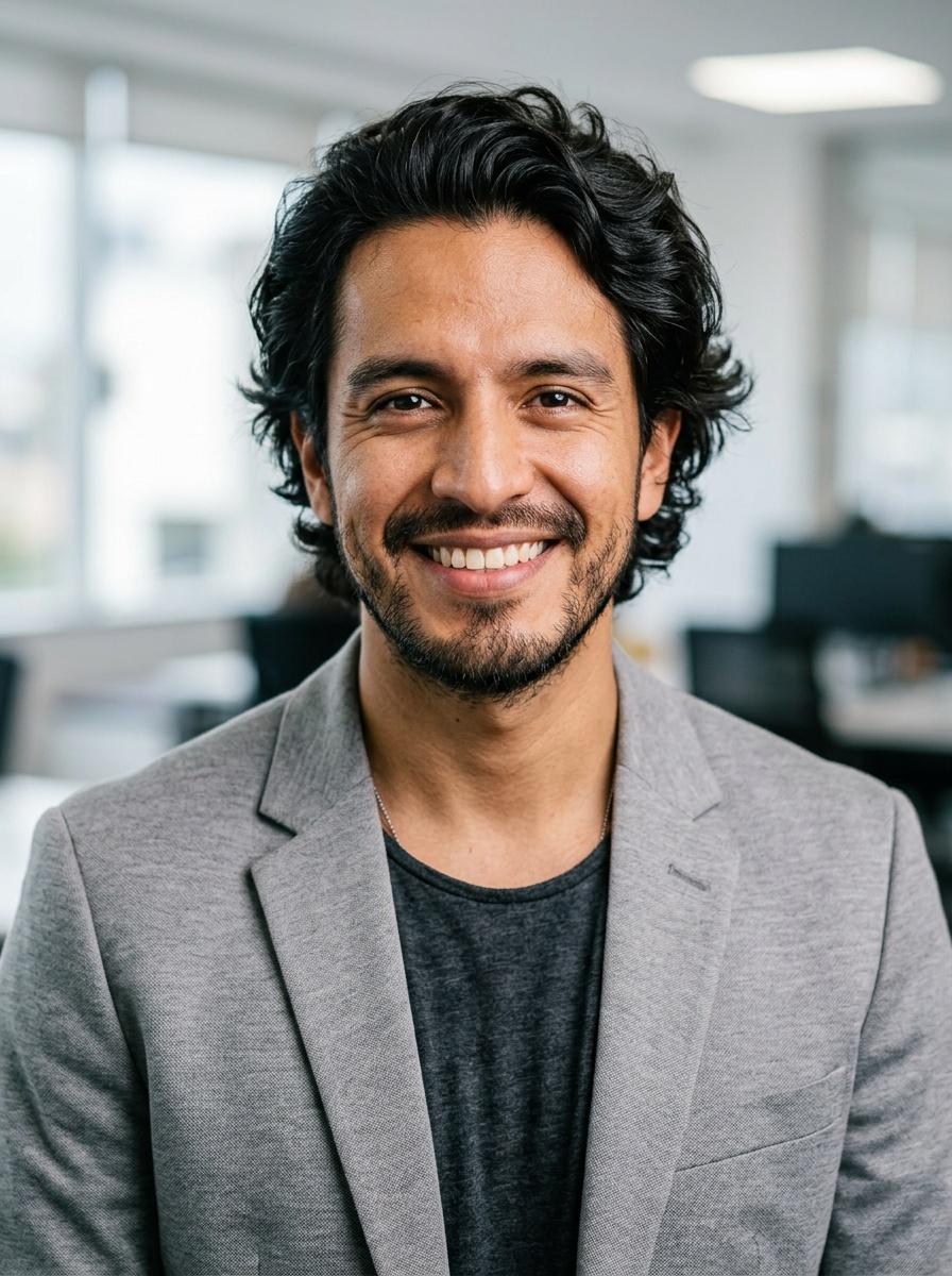 Professional AI LinkedIn headshot in Light gray blazer on Office / Modern Office Workspace