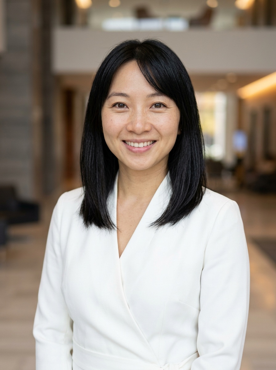 Professional AI LinkedIn headshot in White wrap dress on Lobby (corporate lobby)
