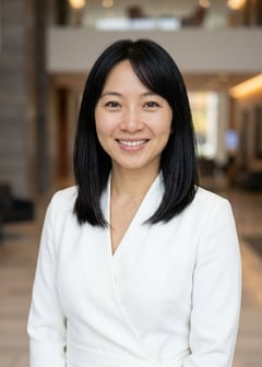 Professional AI LinkedIn headshot in White wrap dress on Lobby (corporate lobby)