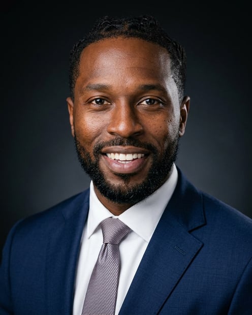 Dramatic Dark · Navy Suit headshot example