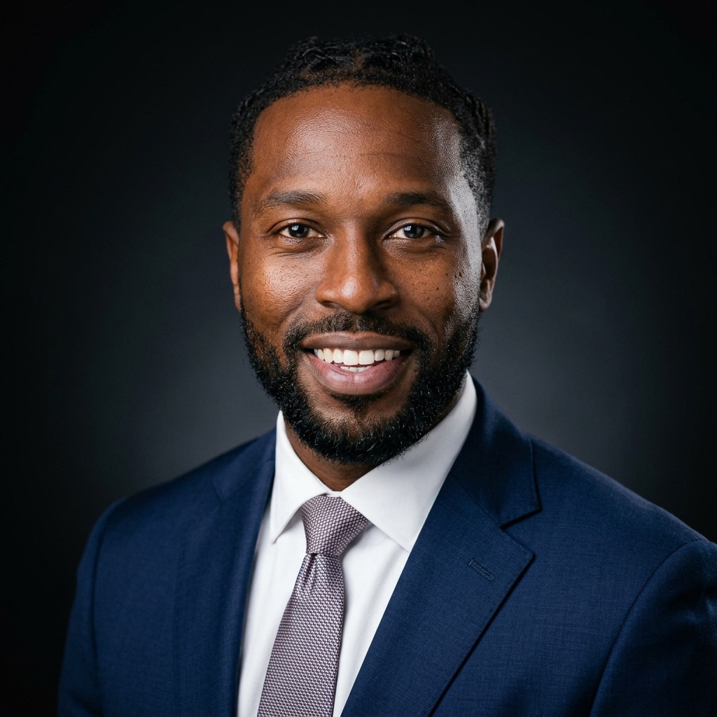 Dramatic Dark · Navy Suit headshot example