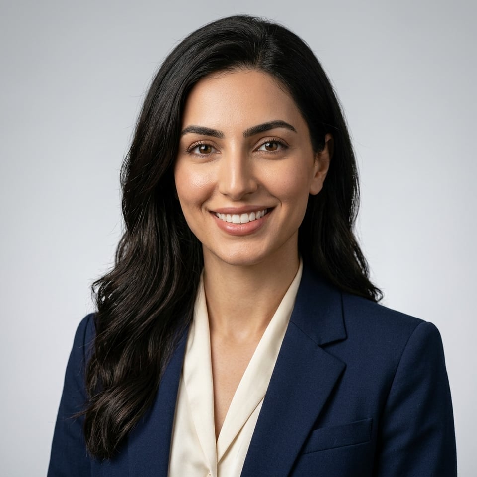 Professional AI LinkedIn headshot in Silk blouse trousers on Neutral Gradient / Light Grey