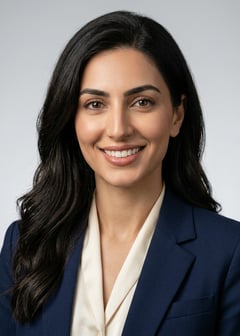 Professional AI LinkedIn headshot in Silk blouse trousers on Neutral Gradient / Light Grey