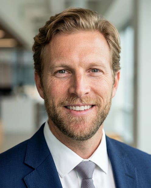 Lobby · Navy blazer with light blue shirt headshot example