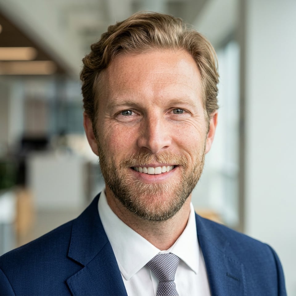 Professional AI LinkedIn headshot in Navy blazer with light blue shirt on Lobby (corporate lobby)