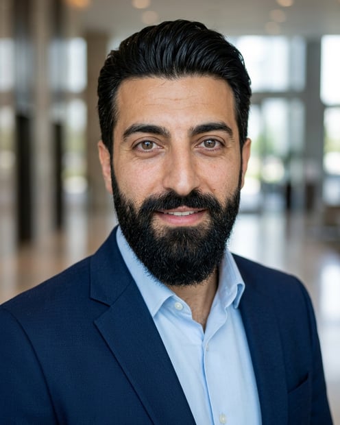 Lobby · Navy blazer with light blue shirt headshot example