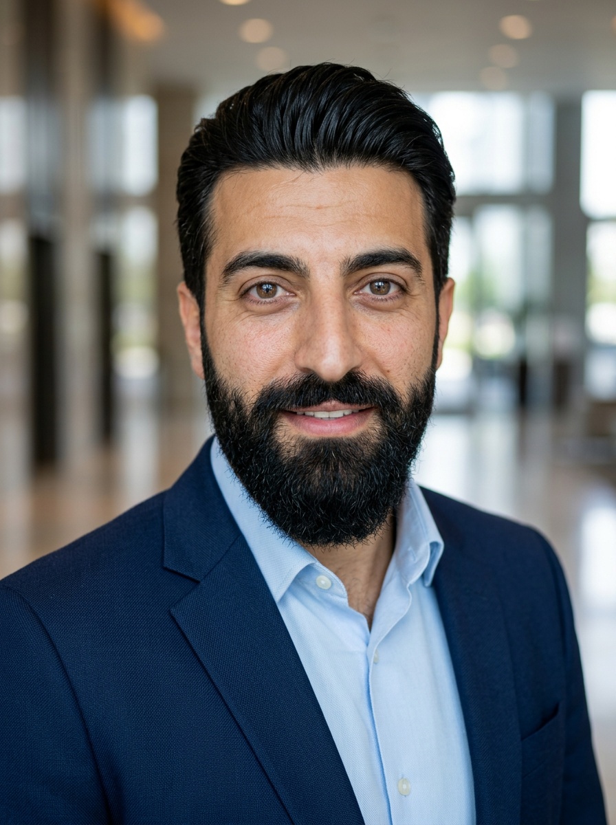Professional AI LinkedIn headshot in Navy blazer with light blue shirt on Lobby (corporate lobby)