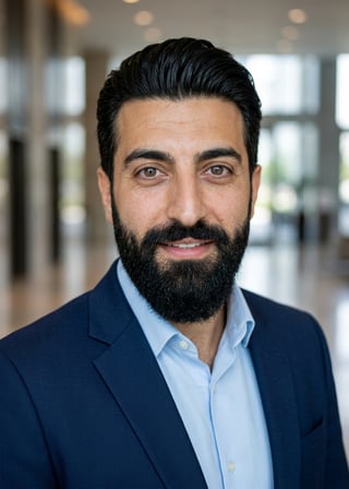Professional AI LinkedIn headshot in Navy blazer with light blue shirt on Lobby (corporate lobby)