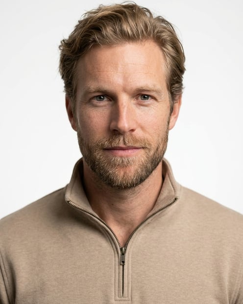 White / Pure White Studio · Beige quarter-zip pullover headshot example