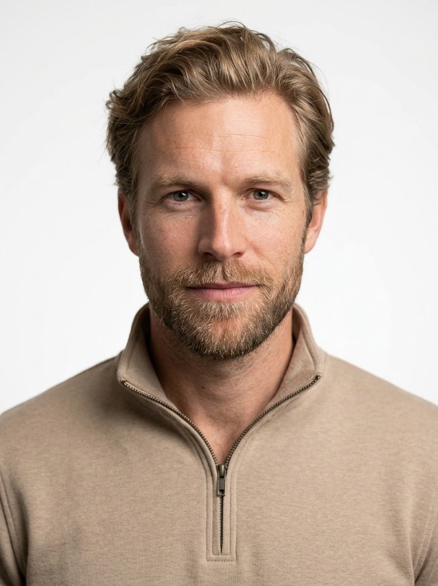 Professional AI LinkedIn headshot in Beige quarter-zip pullover (tech-casual) on White / Pure White Studio