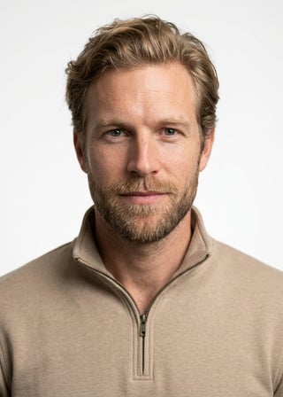 Professional AI LinkedIn headshot in Beige quarter-zip pullover (tech-casual) on White / Pure White Studio