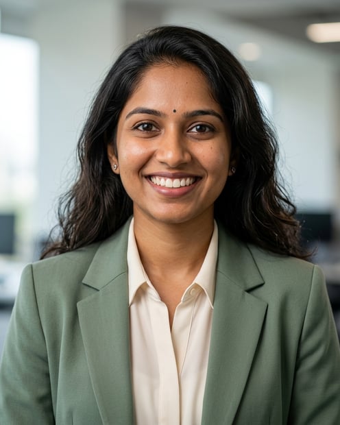 Office / Modern Office Workspace · Sage blazer and blouse headshot example