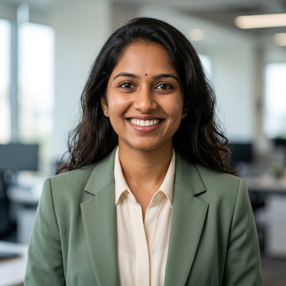 Professional AI LinkedIn headshot in Sage blazer and blouse on Office / Modern Office Workspace