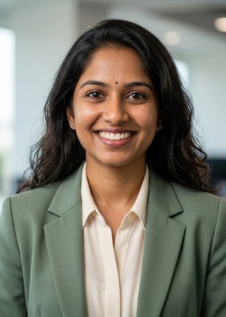 Professional AI LinkedIn headshot in Sage blazer and blouse on Office / Modern Office Workspace