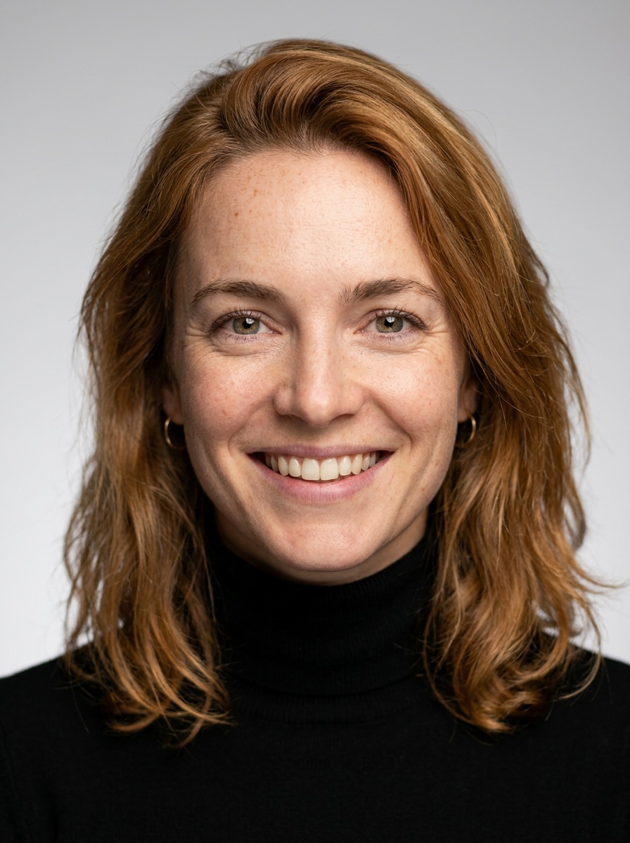 Professional AI LinkedIn headshot in Fitted black turtleneck on Neutral Gradient / Light Grey