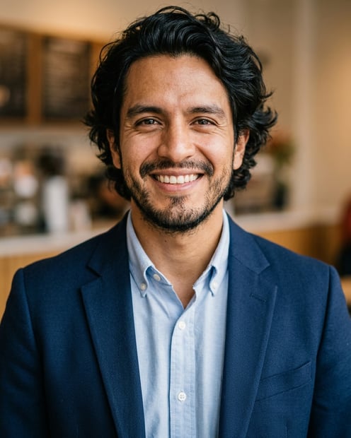 Cafe · Navy blazer with light blue shirt headshot example
