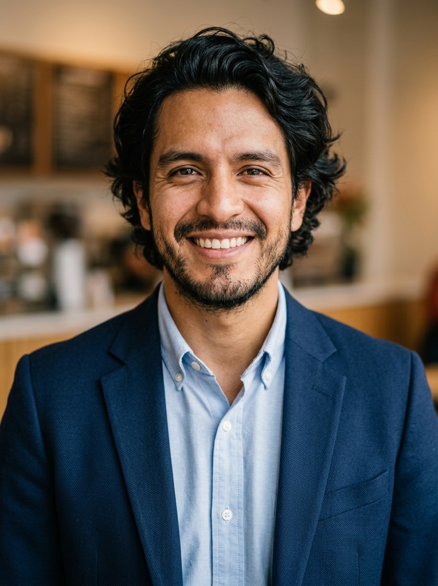 Professional AI LinkedIn headshot in Navy blazer with light blue shirt on Cafe (warm professional)