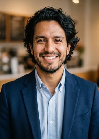 Professional AI LinkedIn headshot in Navy blazer with light blue shirt on Cafe (warm professional)