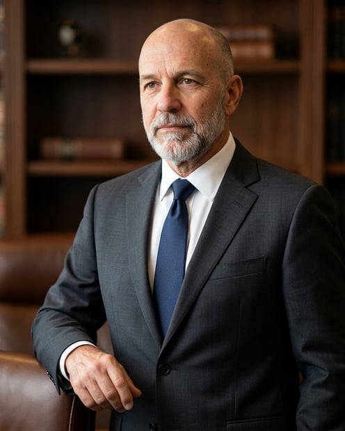 Warm Law Library · Charcoal Suit with Pale Blue Shirt headshot example