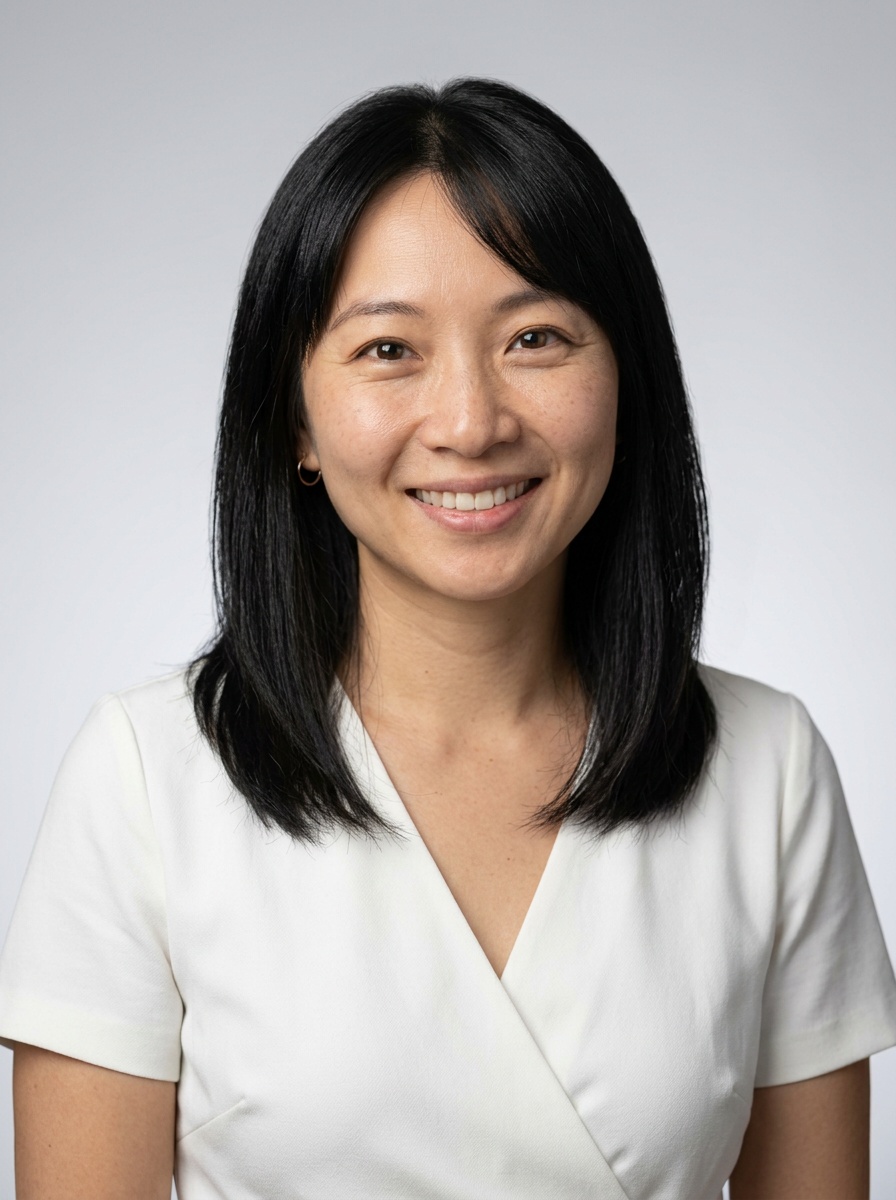 Professional AI LinkedIn headshot in White wrap dress on Neutral Gradient / Light Grey