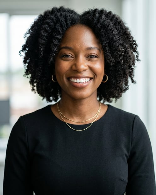 Office / Modern Office Workspace · Black midi fitted dress headshot example