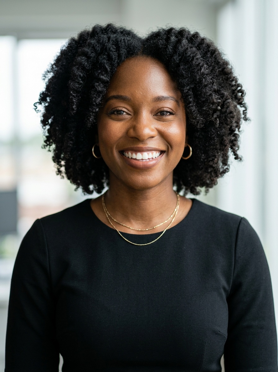 Professional AI LinkedIn headshot in Black midi fitted dress on Office / Modern Office Workspace