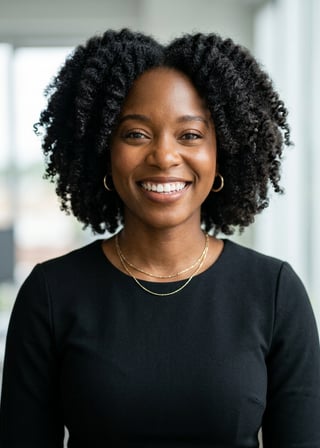 Professional AI LinkedIn headshot in Black midi fitted dress on Office / Modern Office Workspace