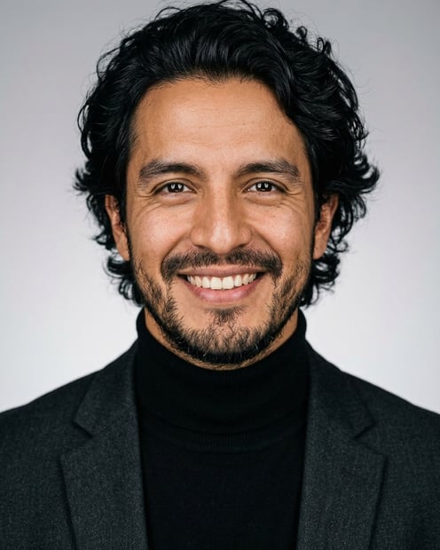 Neutral Gradient / Light Grey · Fitted black turtleneck headshot example