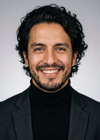Professional AI LinkedIn headshot in Fitted black turtleneck on Neutral Gradient / Light Grey