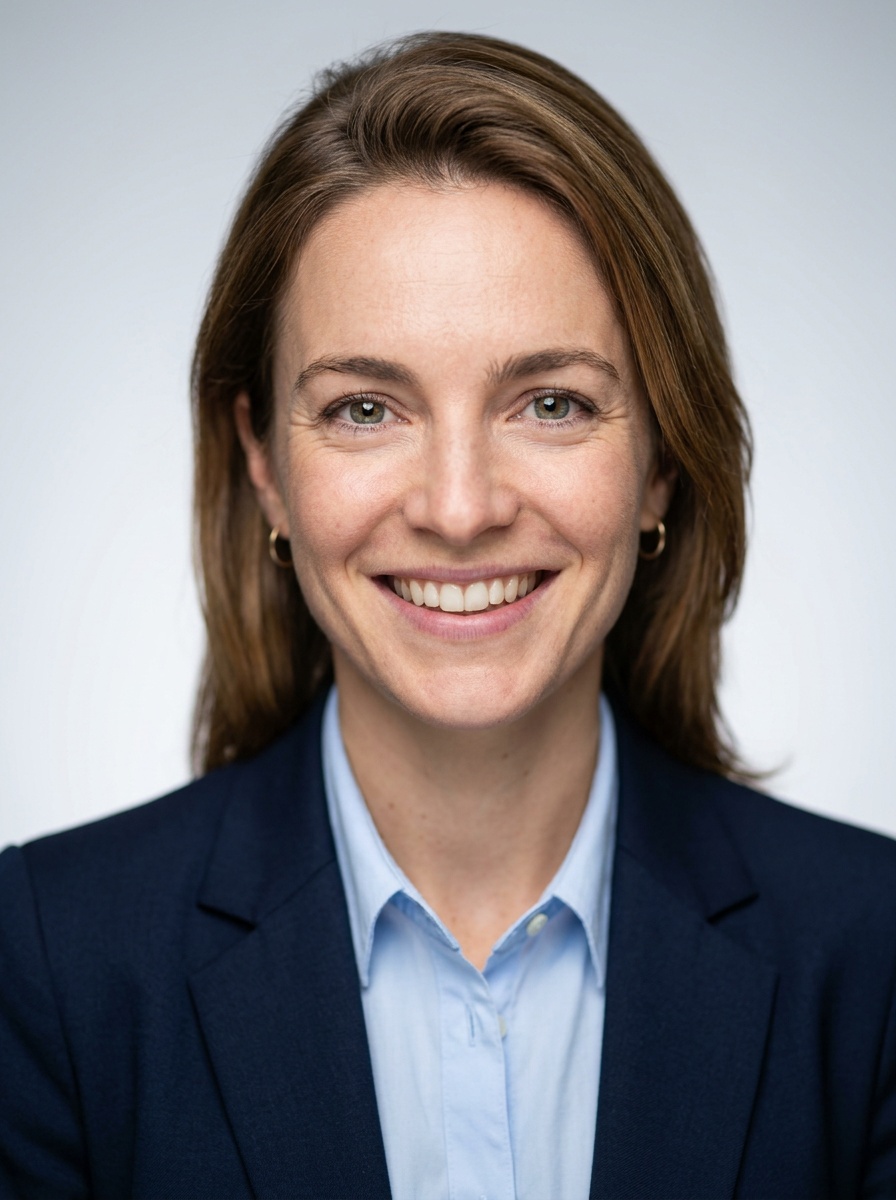 Professional AI LinkedIn headshot in Navy blazer with light blue shirt on Neutral Gradient / Light Grey