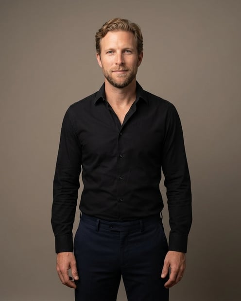 Warm Grey Studio Sweep · Black Button-Up with Dark Trousers headshot example