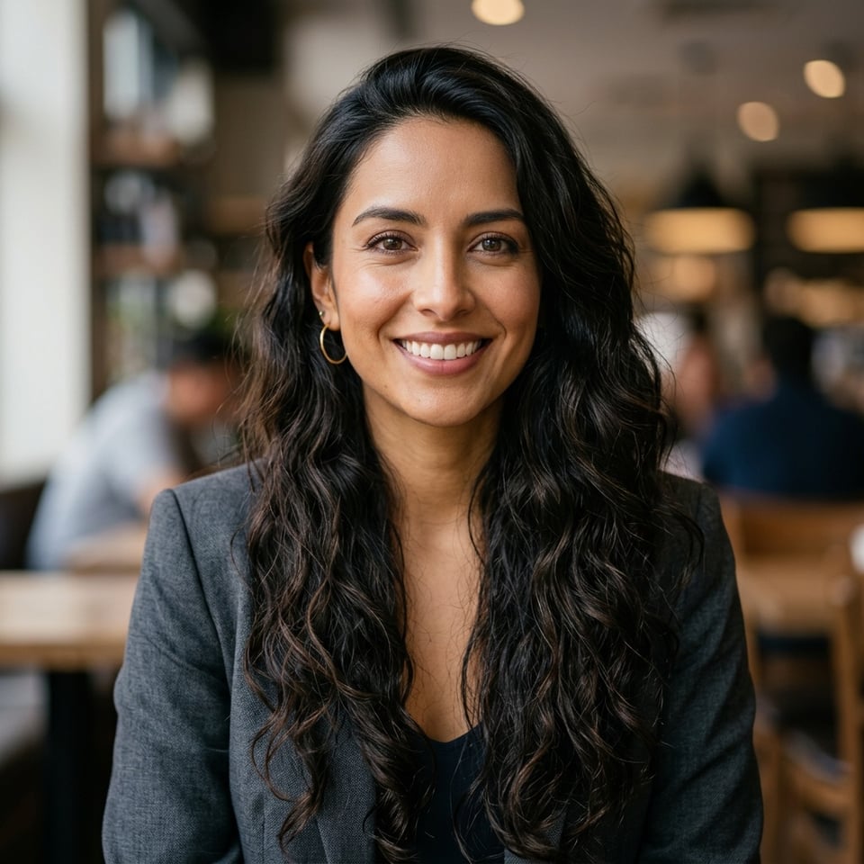 Professional AI LinkedIn headshot in Charcoal gray blazer on Cafe (warm professional)