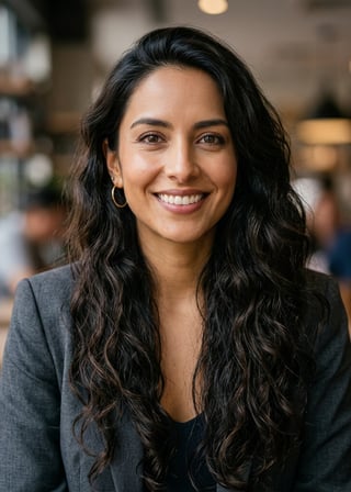 Professional AI LinkedIn headshot in Charcoal gray blazer on Cafe (warm professional)