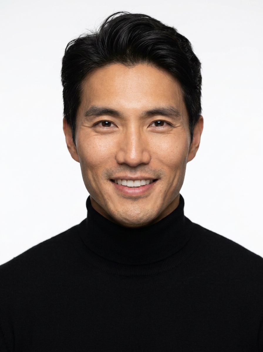 Professional AI LinkedIn headshot in Fitted black turtleneck on White / Pure White Studio