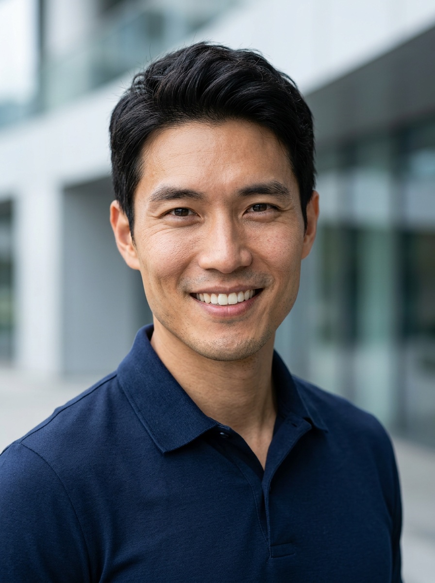 Professional AI LinkedIn headshot in Navy blue short-sleeve polo on Building / Urban Professional