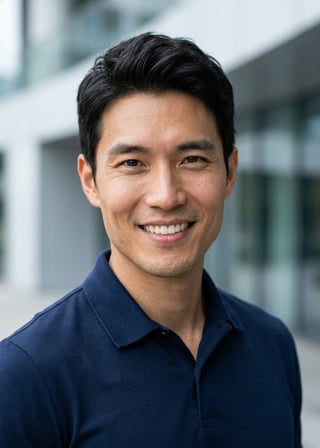 Professional AI LinkedIn headshot in Navy blue short-sleeve polo on Building / Urban Professional