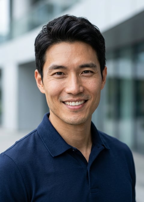 Professional AI LinkedIn headshot in Navy blue short-sleeve polo on Building / Urban Professional