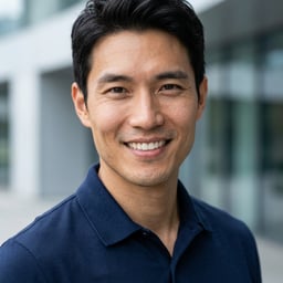 Professional AI LinkedIn headshot in Navy blue short-sleeve polo on Building / Urban Professional