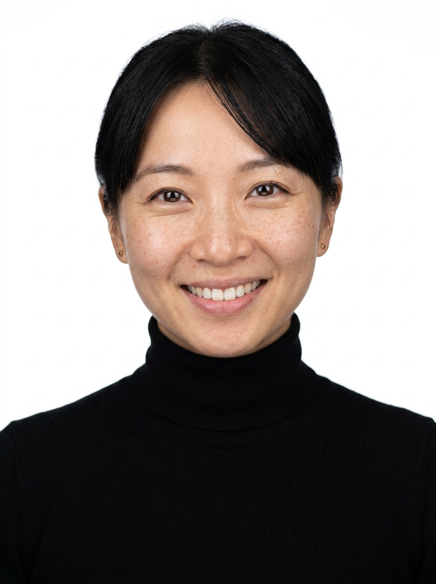 Professional AI LinkedIn headshot in Fitted black turtleneck (women's relaxed fit) on White / Pure White Studio
