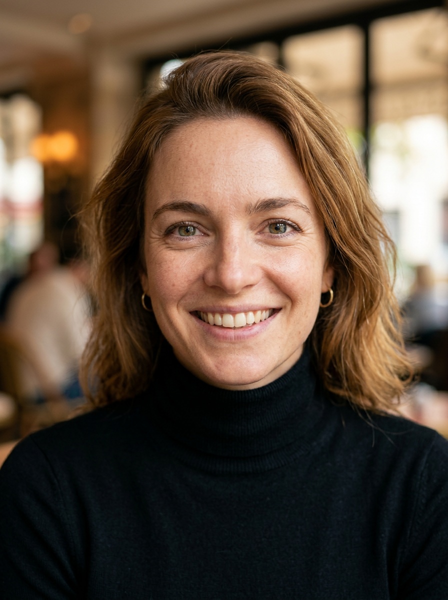 Professional AI LinkedIn headshot in Fitted black turtleneck on Cafe (warm professional)