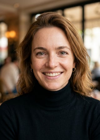 Professional AI LinkedIn headshot in Fitted black turtleneck on Cafe (warm professional)