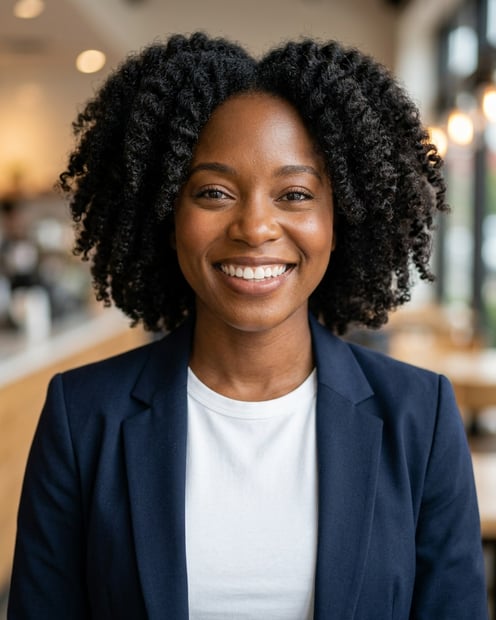 Cafe · Open navy blazer over simple white tee headshot example