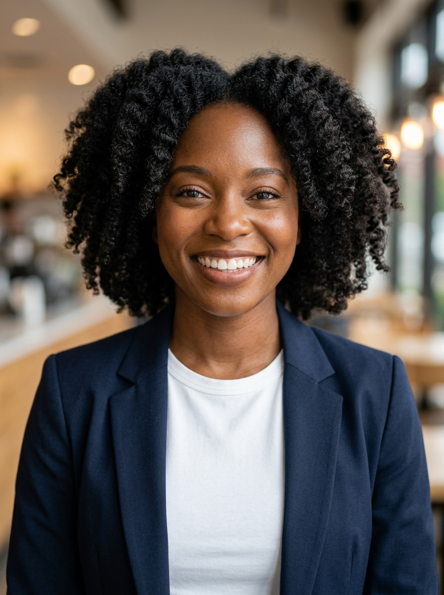 Professional AI LinkedIn headshot in Open navy blazer over simple white tee (tech-casual) on Cafe (warm professional)
