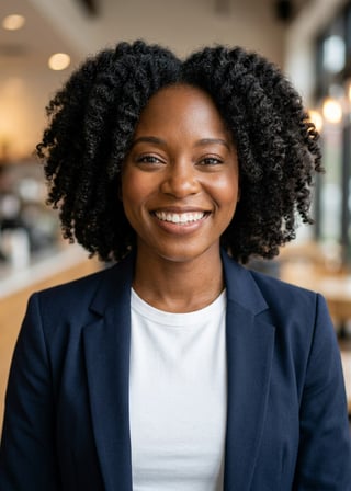 Professional AI LinkedIn headshot in Open navy blazer over simple white tee (tech-casual) on Cafe (warm professional)