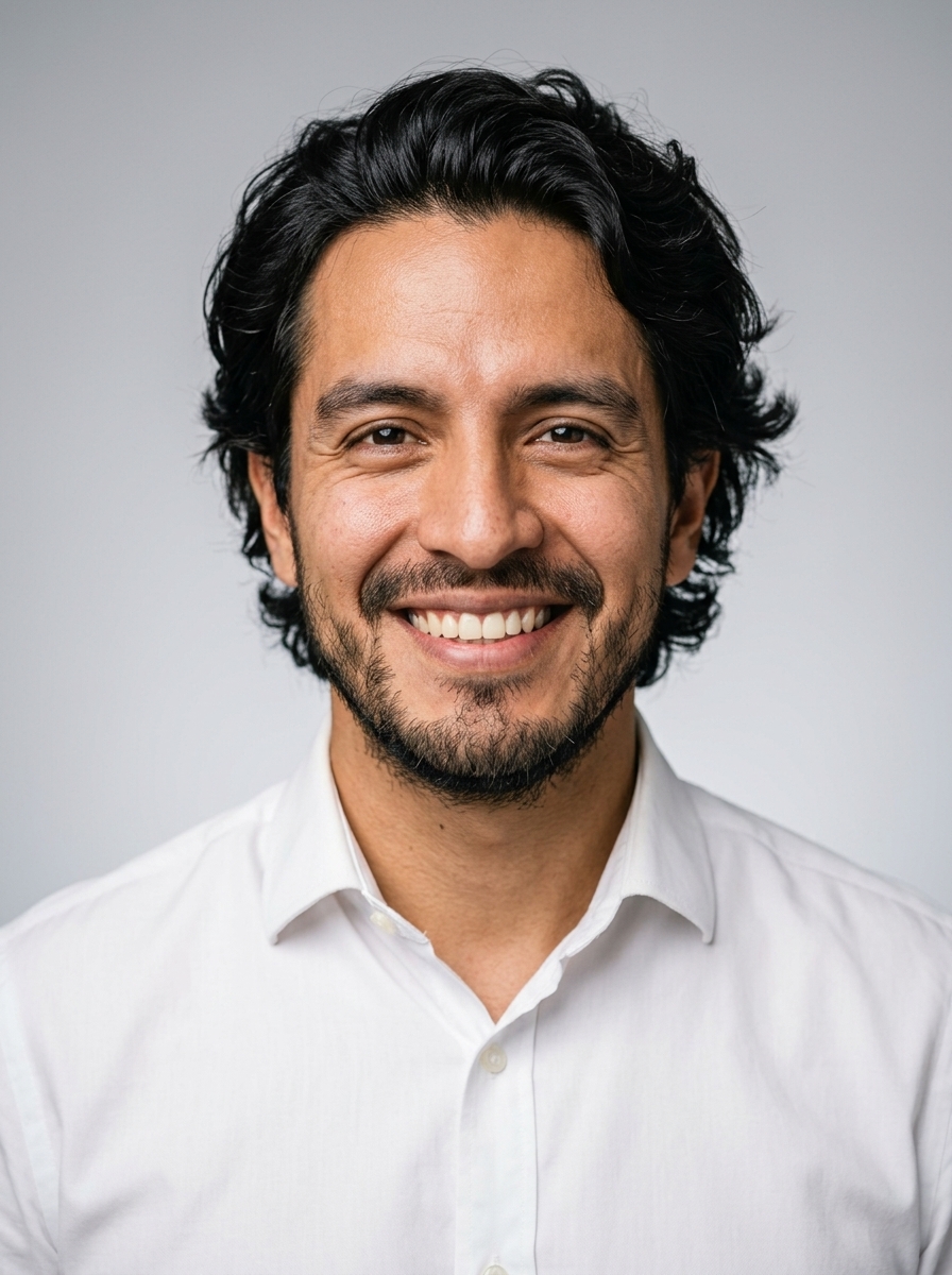 Professional AI LinkedIn headshot in White button-up shirt on Neutral Gradient / Light Grey