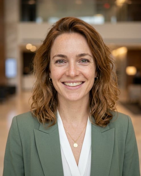 Lobby · Sage green blazer with white blouse headshot example